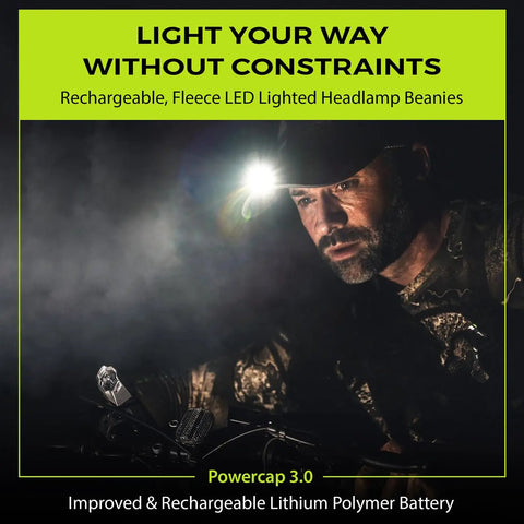 Man wearing Ultra Bright USB Rechargeable LED Hat Light Built In Cap Visor with headlamp, holding bike in dark.