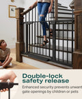 Auto Close Baby Gate For Stairs And Doorways With Easy Install Pressure Mounted Design in Black shown at top of stairs.