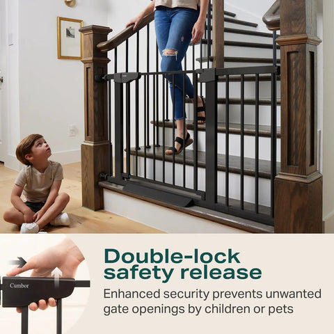 Auto Close Baby Gate For Stairs And Doorways With Easy Install Pressure Mounted Design in Black shown at top of stairs.