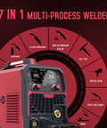 Front angle of Aluminum MIG Welder 7 In 1 Multiprocess with Pulse MIG Gas and Flux Core MIG Stick MMA Lift TIG controls.