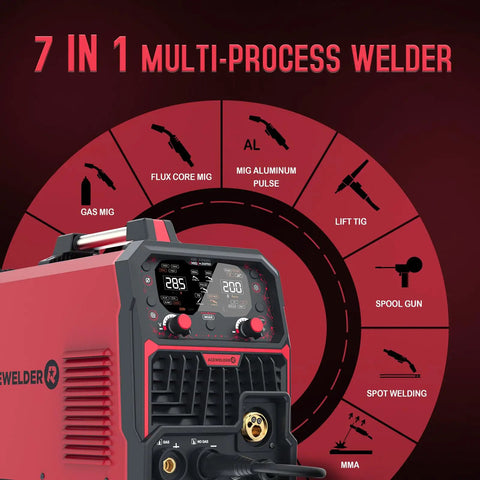 Front angle of Aluminum MIG Welder 7 In 1 Multiprocess with Pulse MIG Gas and Flux Core MIG Stick MMA Lift TIG controls.