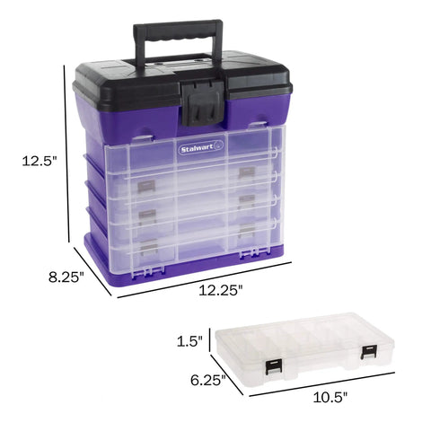 Durable 4 Drawer Tool Box With 19 Compartment Organizer, purple utility chest for home garage, detailed dimensions shown