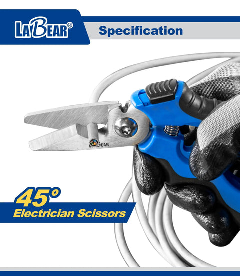 7 Inch Angled Electricians Shears For Wire And Cable Cutting with Stainless Steel Blades, ergonomic grip, 45 Degree Angle