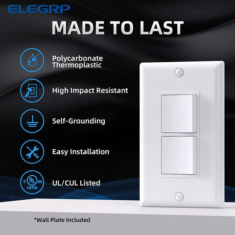 Dual Decorator Double Rocker Light Switch With Two Single Pole Paddles, 15A 120V In Wall On Off, Self Grounding, Glossy White 1 Pack