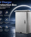 Kickass 304 Stainless Steel Outdoor EV Charger Box With Lockable Weatherproof Shield, showcasing durable design and locks.
