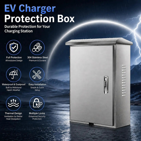 Kickass 304 Stainless Steel Outdoor EV Charger Box With Lockable Weatherproof Shield, showcasing durable design and locks.