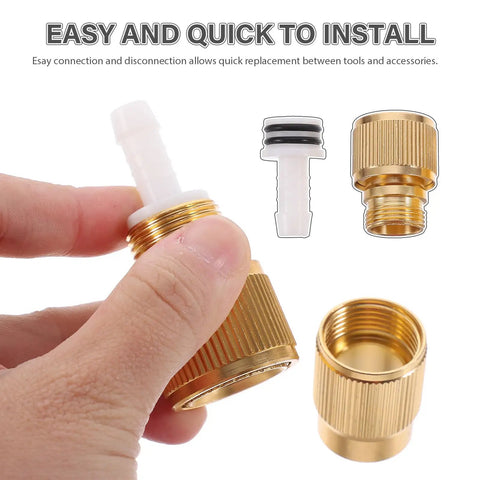 Aluminum Alloy Plated Quick Hose Connector 2.37 Inch Leak Free Male Hose Connector for Garden Lawn Patio in hand showing detail.