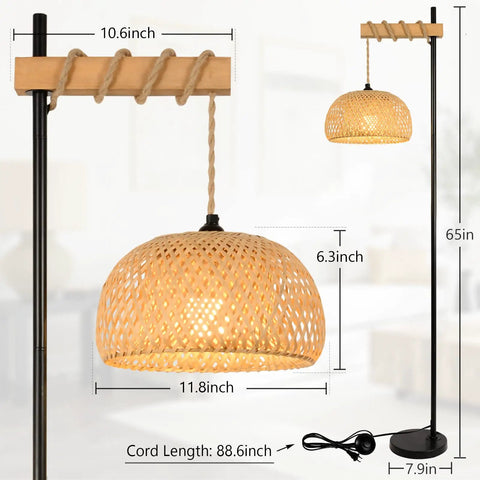 Boho Floor Lamp With Remote For Living Room And Bedroom, Farmhouse Dimmable Rattan Standing Lamp With Bamboo Lampshade, Wood Black Tall Lamp, App Control And Smart Bulb Included, 9W LED, Cozy Warm Glow