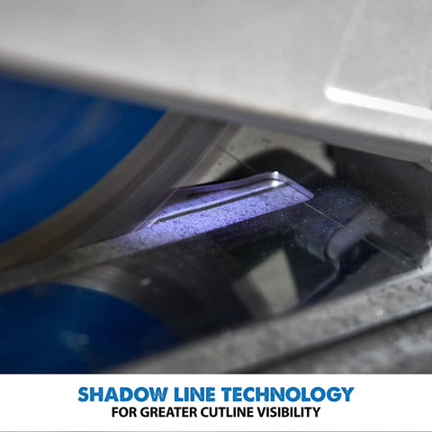 Close-up of 8.25 Inch Metal Cutting Circular Saw With High Torque Motor showing clean steel cut with TCT blade and shadow line technology.