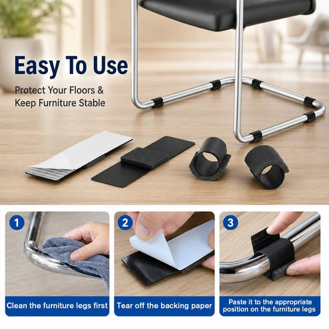 10 Pack Sled Base Chair Floor Protectors Wrap Around Felt Pads with installation steps on chair leg