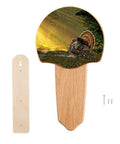 Solid Oak Turkey Display Kit With Sunrise Call Image for wall mount, showcasing beard and fan, 15x8x1.63 inch hardwood mount