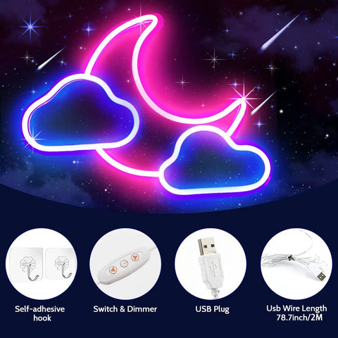 Cloud Neon Sign With Blue And Pink LED Light For Wall Decor USB Powered Neon Sign For Kids Room Bedroom Girls Wedding Party Bar Christmas Night Light Cozy Vibe showing pink moon and blue clouds with accessories.