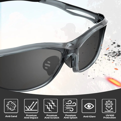 Close-up of 12 Pack Safety Glasses For Men And Women With UV400 Dark Grey Lenses And Frame, ANSI Z87.1 Wrap Around Goggles