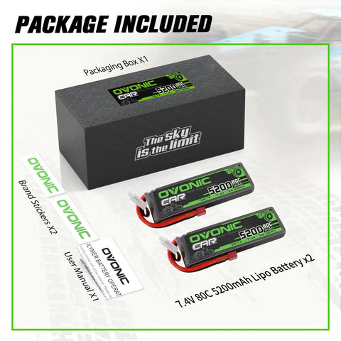 Package contents of 7.4V 5200mAh 80C LiPo Battery for RC Cars Drones With Soft Case and Dean Style T Plug 2S 1 8th and 1 10th Scale JST XHR 3P Housing 2 Pack Ideal For Slash Buggy Truggy Airplane UAV FPV