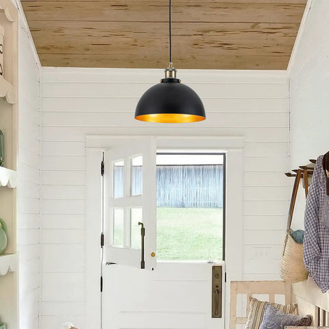 Mini Black Pendant Light With Gold Interior Finish 3 Pack 9.84 Inch Dome Farmhouse Style Retro Industrial Pendant Lamps