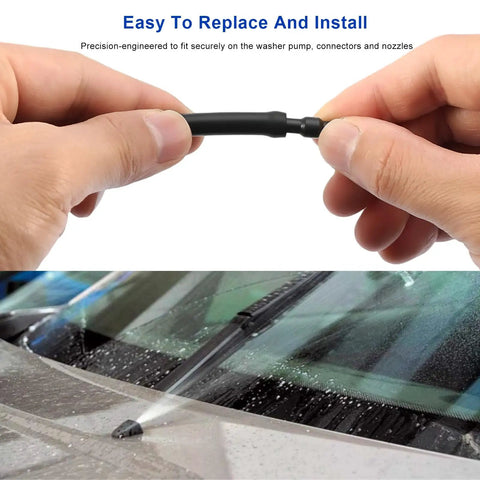 Hands holding the Dead Straight Four Meter Windshield Washer Hose Kit, showcasing flexible tubing installation on a windshield.