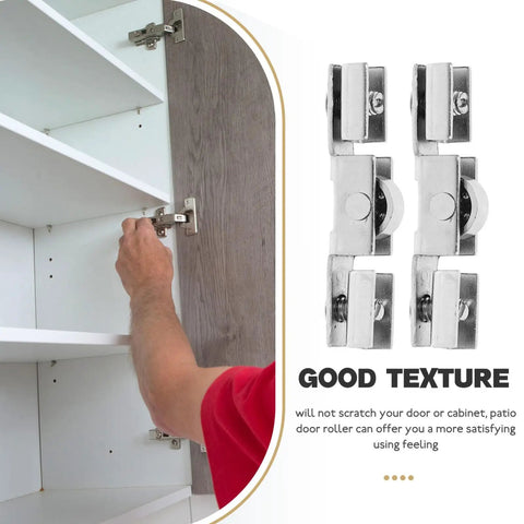 Tough As Nails Sliding Door Rollers Set Of Eight Premium Steel Pulley Wheels For Silky Smooth Glass And Closet Door Glide No Hassle Caster Hardware attached to cabinet door.
