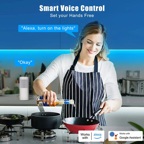 Woman using voice control with Alexa for RGBWW Smart LED Strip Lights 32.8ft Tunable White 3000K To 6500K Plus RGB WiFi Color Changing Strips Work With Alexa Google Assistant Music Sync For Kitchen Bedroom Cabinet And Home Theater in modern kitchen.