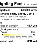 Lighting facts display showing 600/900 lumens, energy cost, lifespan, light appearance, and energy used for recessed lights.