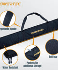 Top Shelf 110 Inch Track Saw Guide Rail Kit With Two 55 Inch Rails protective bag showing ergonomic handle and storage pockets.