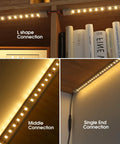 No-Solder No-Fuss Gapless LED Connector Kit demonstrating L shape, middle, and single end connections for 8mm LED strips on shelves.