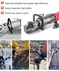 CUTPOIY 220V Electric Hydraulic Steel Tube Bender For Rebar Bending Handheld Machine in use bending rebar on construction site.