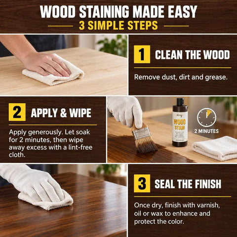 Pro Level Water Based Wood Stain For Indoor And Outdoor Projects Featuring Natural Oak Pigment And Top Shelf Matte Finish application steps on wood surfaces.