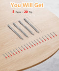 Heavy Duty Tungsten Carbide Scribe Kit With Magnetic Bottom And Extra Refills For Steel Glass Leather And Wood Drafting Tasks Zero Sharpening Headaches showing five pens and twenty tips on a wooden table.