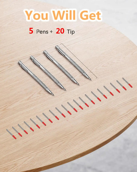 Heavy Duty Tungsten Carbide Scribe Kit With Magnetic Bottom And Extra Refills For Steel Glass Leather And Wood Drafting Tasks Zero Sharpening Headaches showing five pens and twenty tips on a wooden table.
