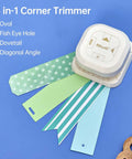 4 In 1 Paper Corner Trimmer with Oval Fish Eye Dovetail and Diagonal Angle Puncher for crafts on colored paper strips.