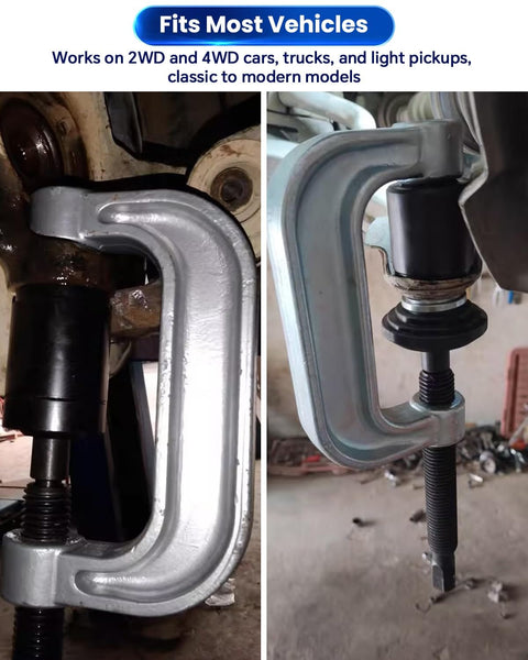 Heavy Duty Ball Joint Press Kit With U Joint Removal Tool And 4WD Adapters For Most 2WD And 4WD Cars And Light Trucks Built From Solid Carbon Steel With Anti Rust Finish in use on vehicle suspension system.