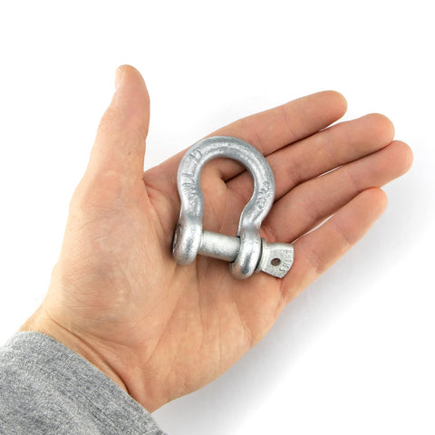 Shackles With Screw Pins Grade 43 3/8 Inch 10 Pack 4,000 Pound Safe Working Load shown in hand for scale.