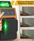Self Leveling Alignment Laser Level For Construction With 8 Laser Lines And 360 Degree Horizontal And Vertical Beams, 150ft Range, Magnetic Stand And USB Cable Included, Easy Pro Grade Layout For Floors Walls And Ceilings showing brightness modes.