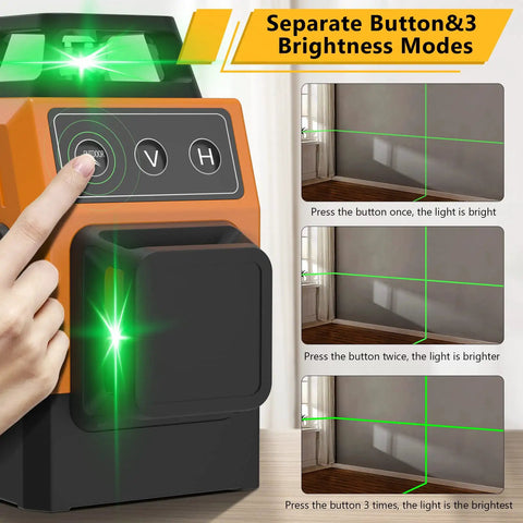 Self Leveling Alignment Laser Level For Construction With 8 Laser Lines And 360 Degree Horizontal And Vertical Beams, 150ft Range, Magnetic Stand And USB Cable Included, Easy Pro Grade Layout For Floors Walls And Ceilings showing brightness modes.