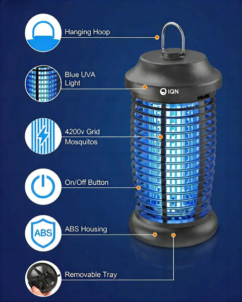 Bug Zapper Outdoor Plug In Electric Mosquito And Fly Killer With 15W UV Light And 4200V Grid displaying key features