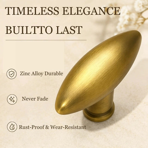 Top Shelf Brushed Brass Oval Cabinet Knobs And Zinc Alloy Single Hole Drawer Pulls Featuring Warm Olive Tones Four Pack shown in close-up.