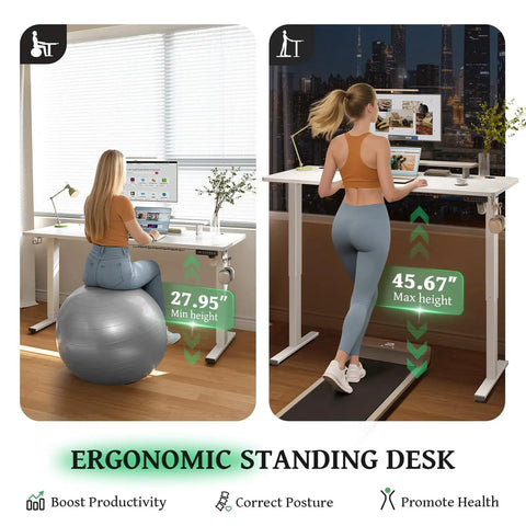 SIAGO 48x24 Inch Electric Standing Desk, 0.8 Inch Thick Tabletop showing minimum 27.95" sitting and maximum 45.67" standing height.