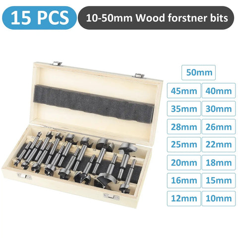 15 Piece Forstner Bit Set For Precision Wood Drilling With Round Shank and Razor Sharp Center Point in sturdy storage case.