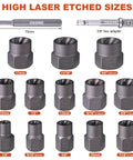 Image of 15 Piece Heavy Duty Bolt Extractor Set For Impact Three Eighth Inch Drive Remover Socket Tool Kit by YEKEPRO with laser-etched sizes.