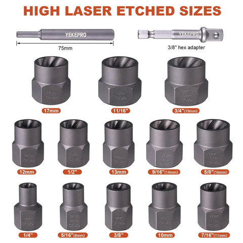 Image of 15 Piece Heavy Duty Bolt Extractor Set For Impact Three Eighth Inch Drive Remover Socket Tool Kit by YEKEPRO with laser-etched sizes.