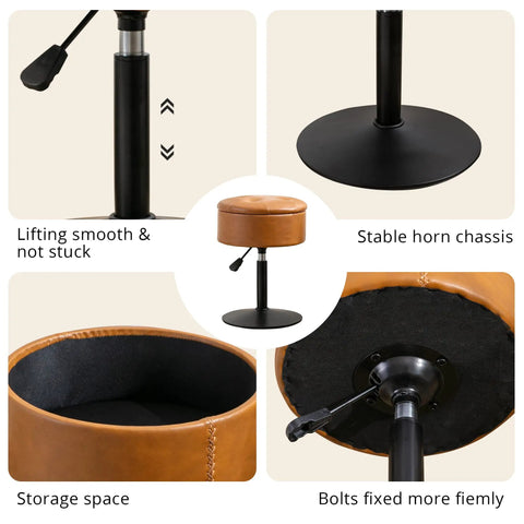 360 Degree Swivel Vanity Stool With Hidden Storage, Whiskey Brown Faux Leather, adjustable height details shown with base