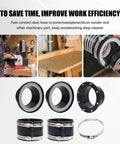 Magnetic dust collection fittings kit: black metal 4-in and 2.5-in adapters with clamps (6 pieces, front view).