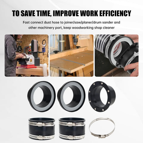 Magnetic dust collection fittings kit: black metal 4-in and 2.5-in adapters with clamps (6 pieces, front view).