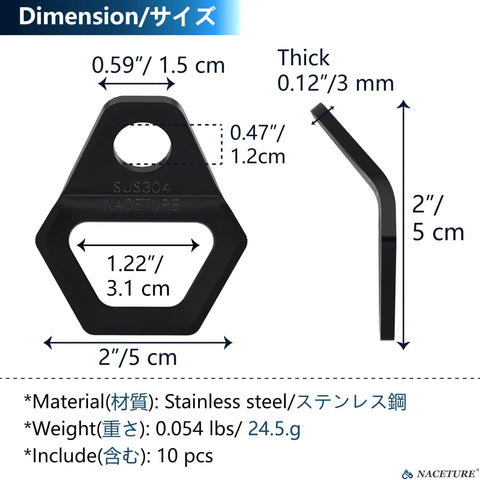 Dimensions of Heavy Duty Stainless Steel Motorcycle Tie Down Hooks Set Of Ten Rugged Security Anchors for secure bike transport.