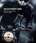 Rugged Motorcycle Phone Mount With Dual Vibration Dampener And Metal Adjustment Arm on bike handlebar, shown in use.