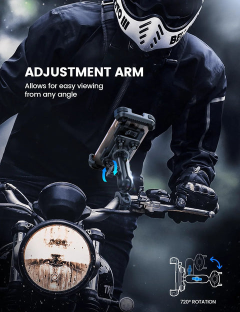 Rugged Motorcycle Phone Mount With Dual Vibration Dampener And Metal Adjustment Arm on bike handlebar, shown in use.