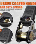Close-up of rubber coated handles and metal spring in Ratchet Tie Down Straps Four Piece Set 1 Inch By 16 Feet