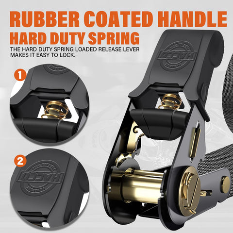 Close-up of rubber coated handles and metal spring in Ratchet Tie Down Straps Four Piece Set 1 Inch By 16 Feet
