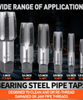 Six Piece NPT Pipe Tap Set Including One Inch Three Quarters Inch One Half Inch Three Eighths Inch One Quarter Inch And One Eighth Inch Taps For Pipe Thread Repair Re Threading Damaged Or Jammed Threads In Bearing Steel With Heavy Duty Storage Case displayed in various sizes