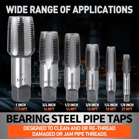 Six Piece NPT Pipe Tap Set Including One Inch Three Quarters Inch One Half Inch Three Eighths Inch One Quarter Inch And One Eighth Inch Taps For Pipe Thread Repair Re Threading Damaged Or Jammed Threads In Bearing Steel With Heavy Duty Storage Case displayed in various sizes